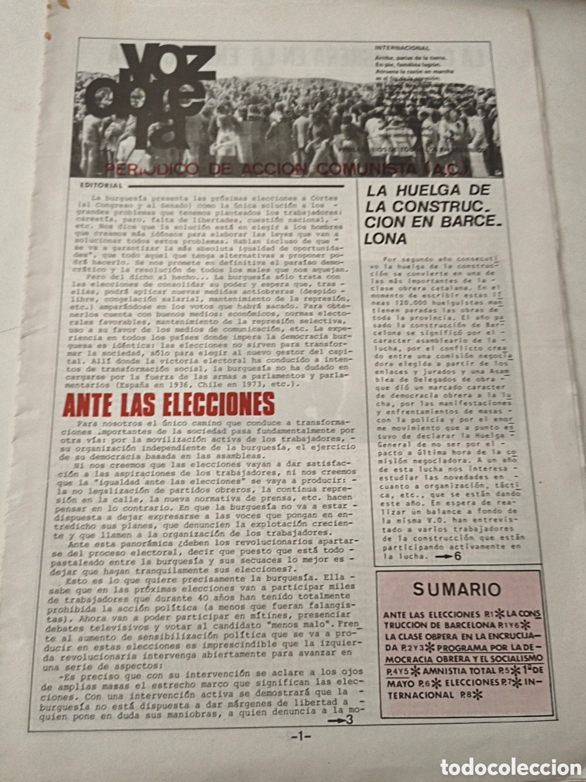 Sammeln von Zeitschriften und Zeitungen: Peri&oacute;dico Voz Obrera. N&uacute;mero 61. 1977