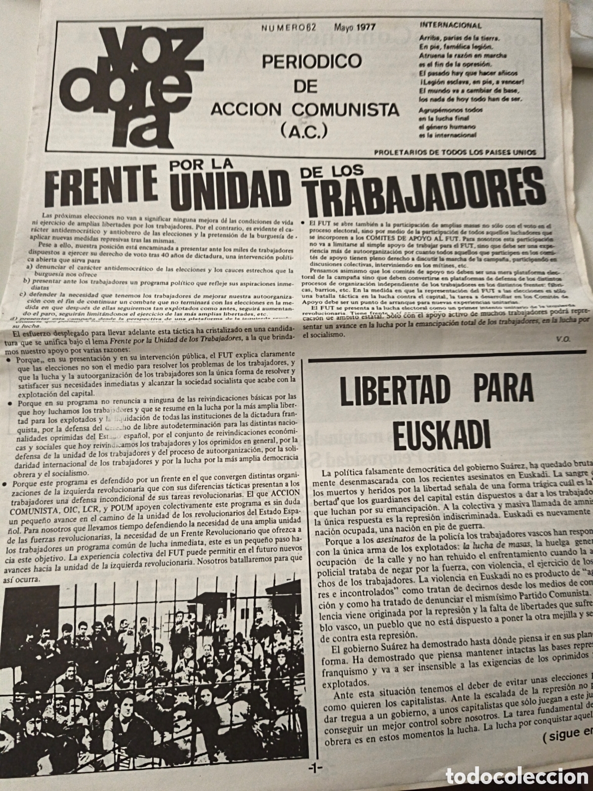 Sammeln von Zeitschriften und Zeitungen: Peri&oacute;dico Voz Obrera. N&uacute;mero 62. 1977