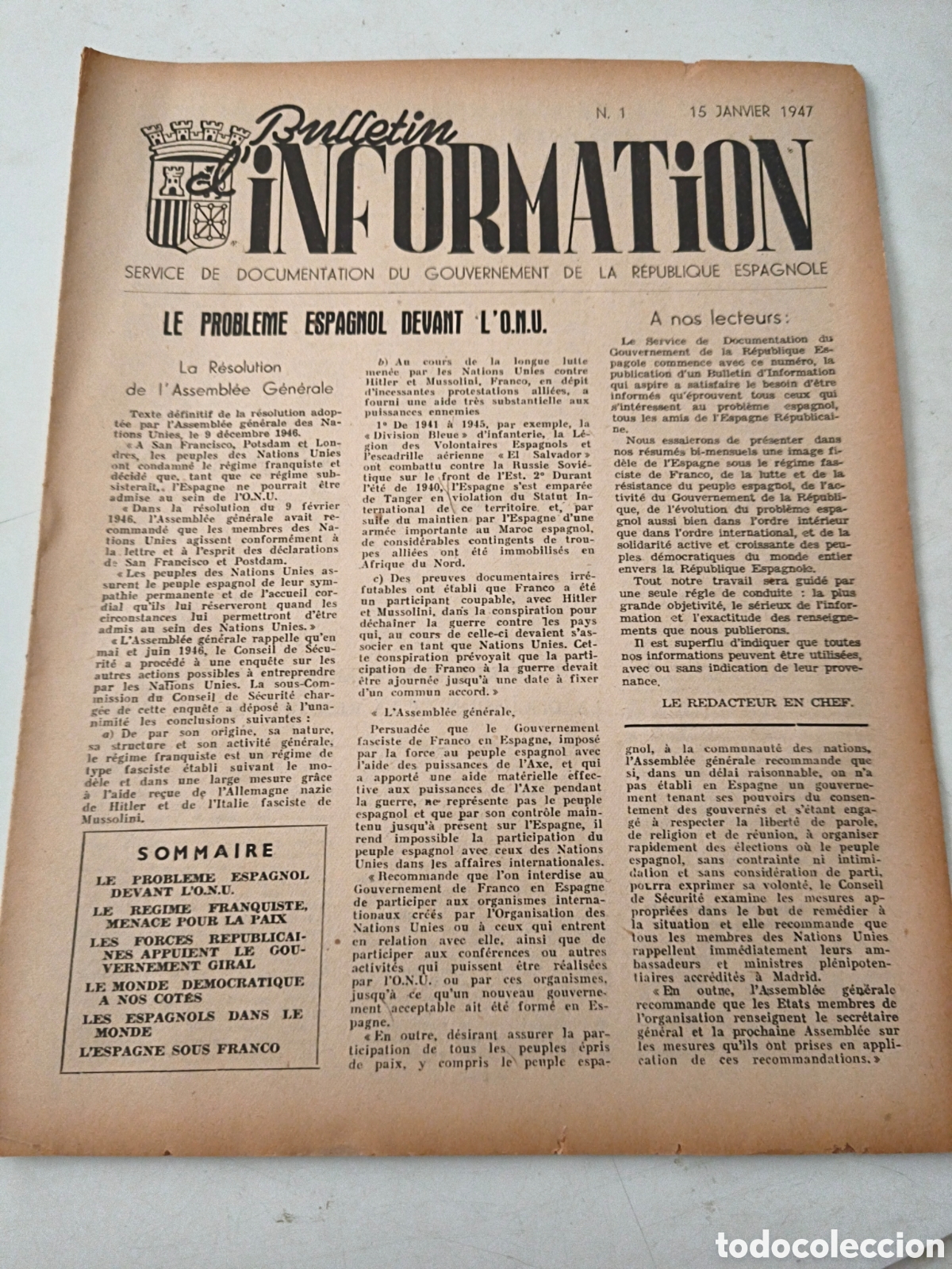 Sammeln von Zeitschriften und Zeitungen: Bulletin Information. N&uacute;mero 1. 1947