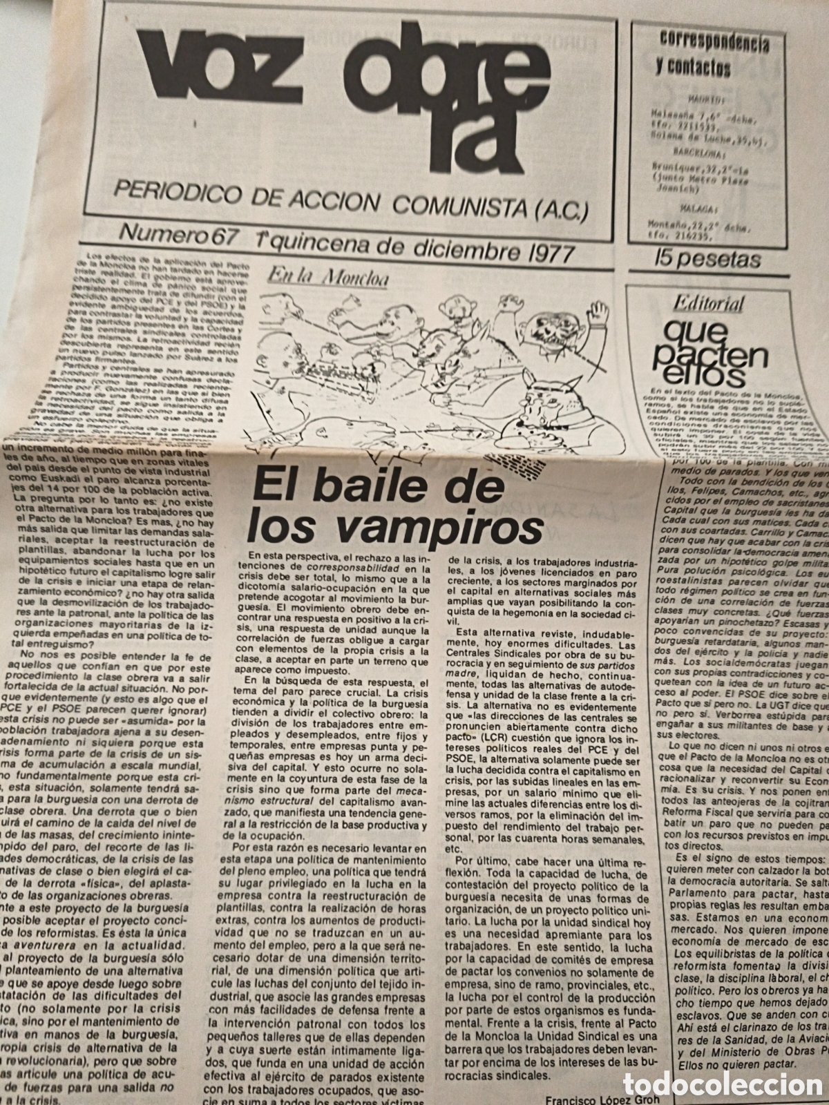 Sammeln von Zeitschriften und Zeitungen: Peri&oacute;dico Voz Obrera. N&uacute;mero 67. 1977