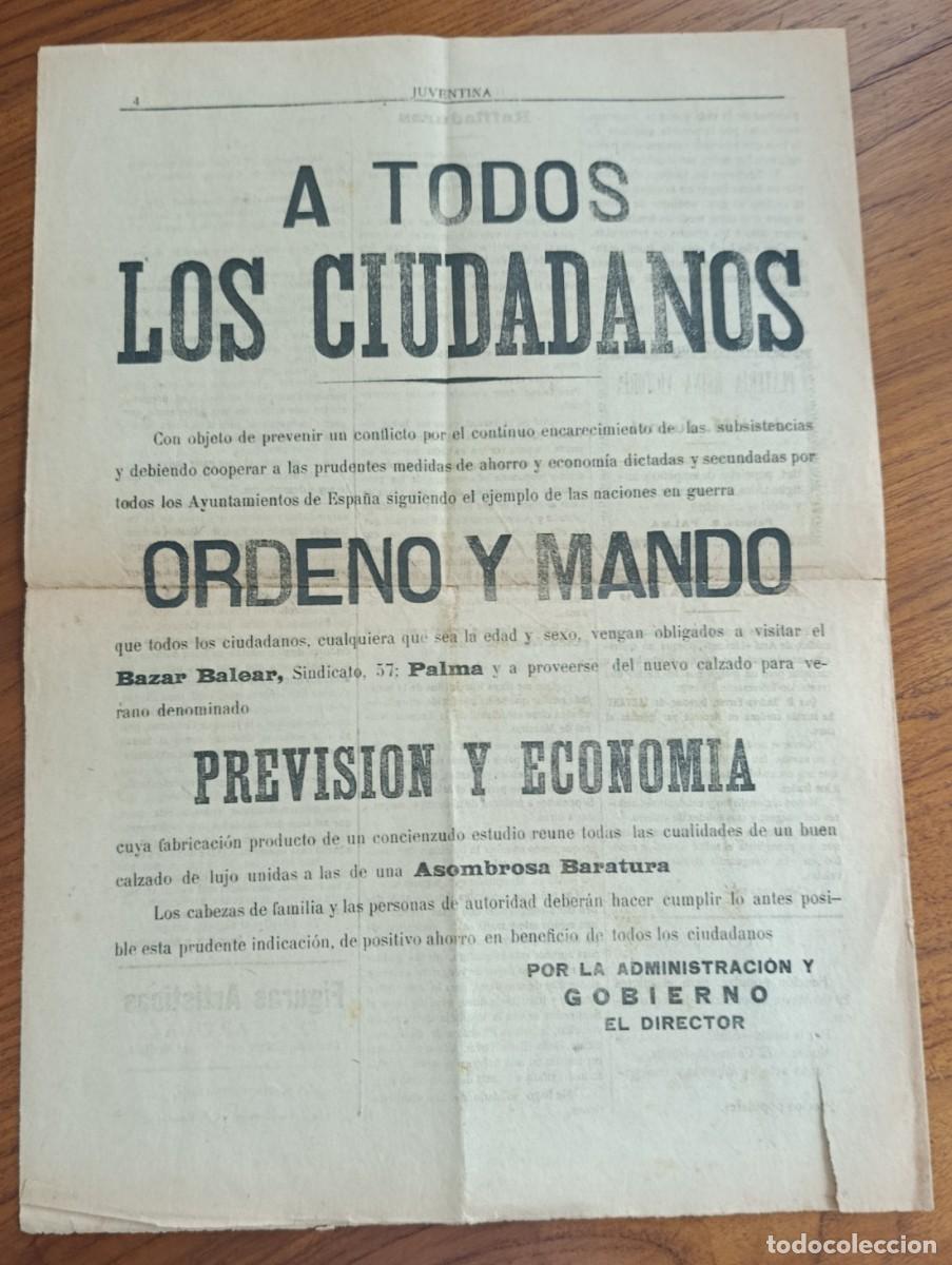 Collection Magazines and Newspapers: CURIOSO BANDO DEL COMERCIO EL BAZAR BALEAR INSERTO EN PERIODICO JUVENTINA. MALLORCA, 1917.