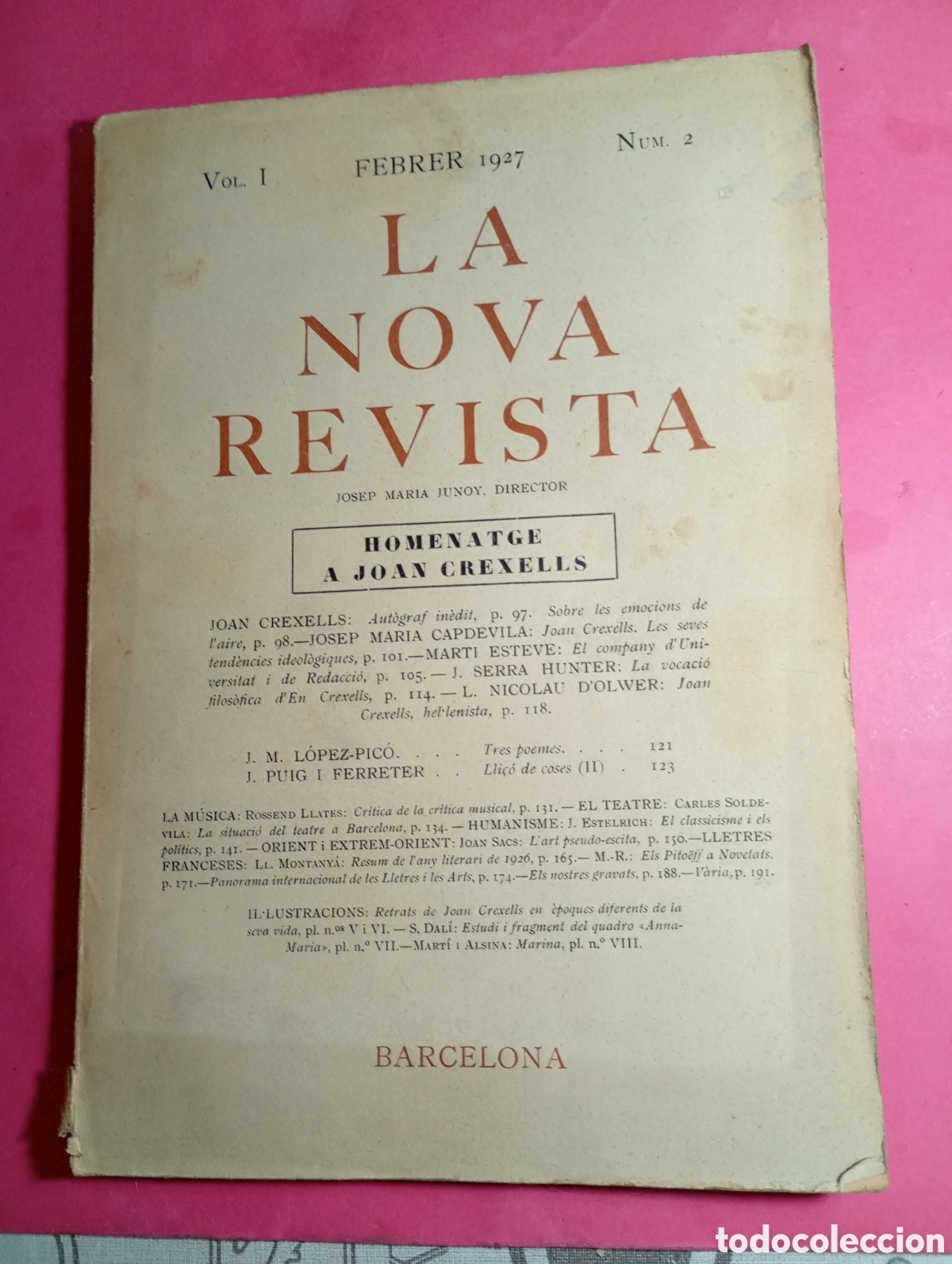 Coleccionismo de revistas y peri&oacute;dicos: LA NOVA REVISTA N&ordm;2 2/1927 HOMENATGE A JOAN CREIXELLS SUMARI A FOTOS