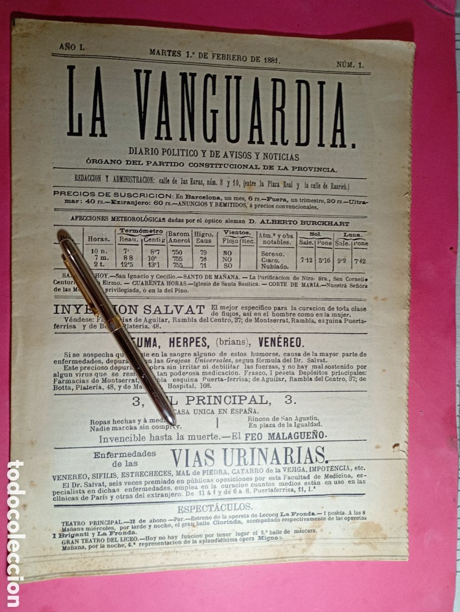 Coleccionismo de revistas y peri&oacute;dicos: LA VANGUARDIA FACSIMIL 1881 N&ordm; 1 EJEMPLAR ORIGINAL MUY BUEN ESTADO PIEZA DIFICIL Y RARA A LA VENTA
