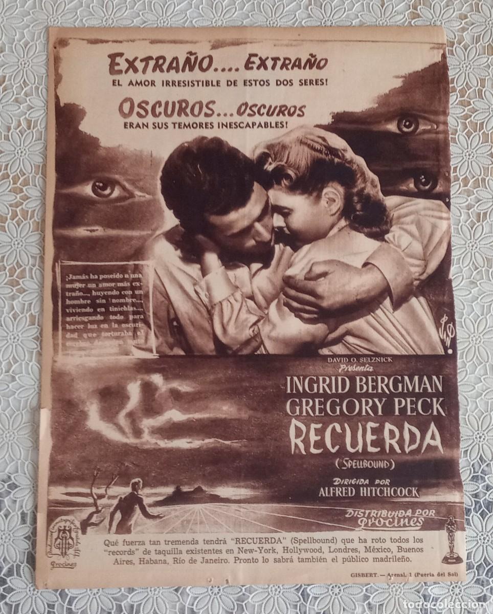 Coleccionismo de revistas y peri&oacute;dicos: Hoja prensa estreno pel&iacute;cula 1945 Recuerda con escena sue&ntilde;o ojos surrealistas dise&ntilde;o Salvador Dal&iacute;