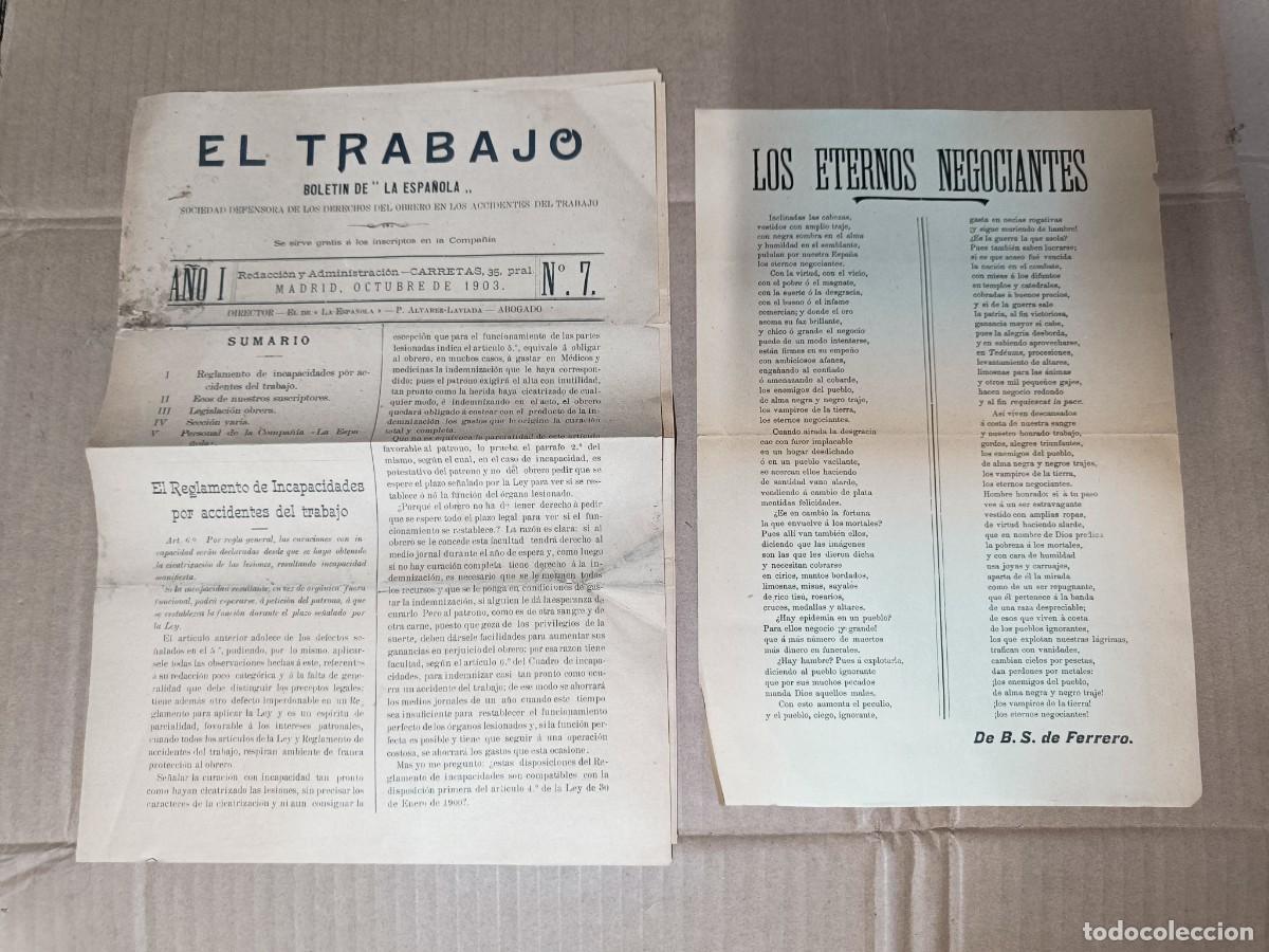 Coleccionismo de revistas y peri&oacute;dicos: ANTIGUO BOLETIN DE 1903, EL TRABAJO, 7, SOCIEDAD LA ESPA&Ntilde;OLA DEFENSA DERECHOS OBREROS, CON POEMA P27