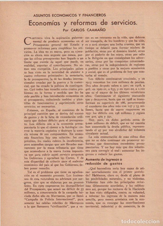 Coleccionismo de revistas y peri&oacute;dicos: * ECONOM&Iacute;A * FINANZAS * Econom&iacute;as y reformas de servicios / Carlos Caama&ntilde;o - 1935