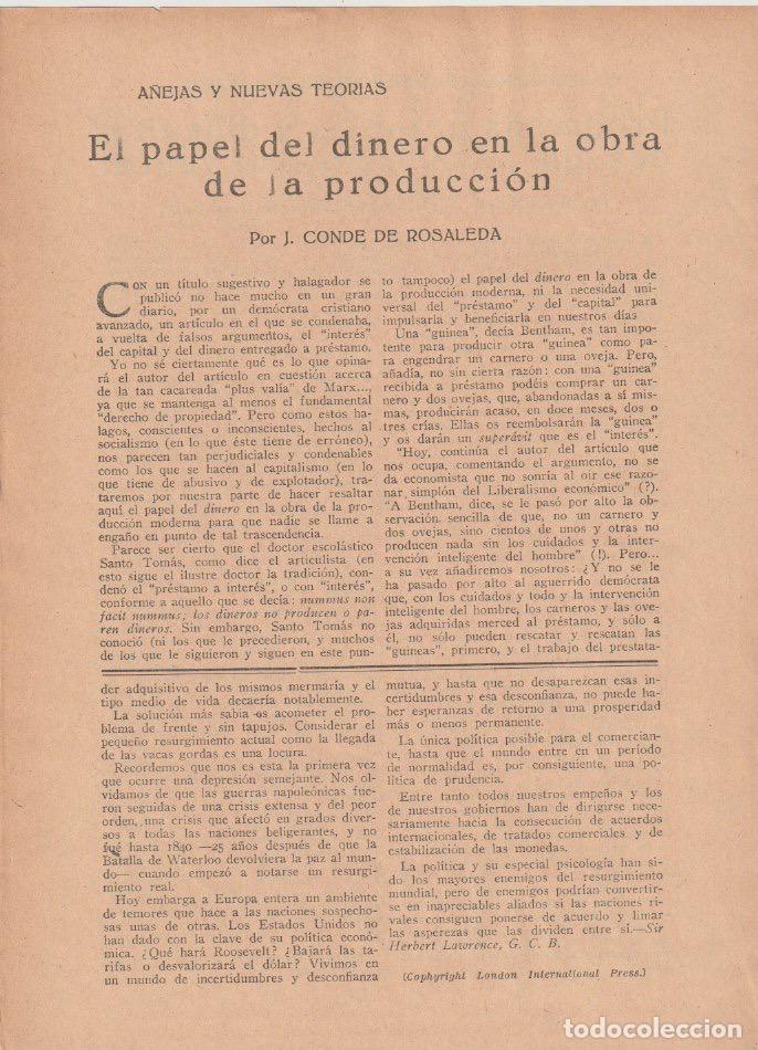 Coleccionismo de revistas y peri&oacute;dicos: El papel del dinero en la obra de la producci&oacute;n / J. Conde de Rosaleda - 1935