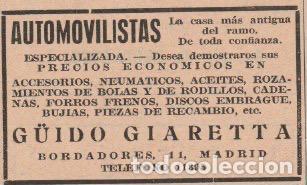 Collectionnisme de Revues et Journaux: Publicidad repuestos y accesorios para autom&oacute;vil G&uuml;ido Giaretta -1932