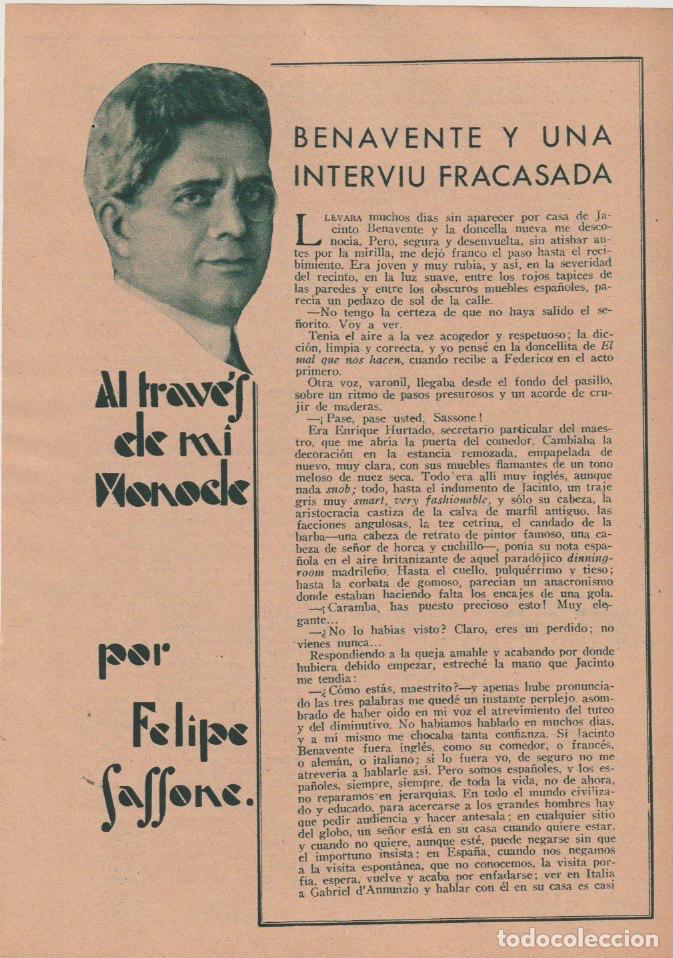 Coleccionismo de revistas y peri&oacute;dicos: * TEATRO * Benavente y una intervi&uacute; fracasada / Felipe Sassone - 1932