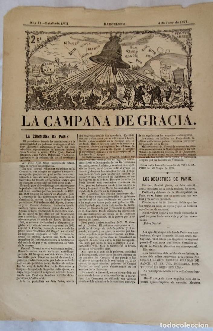 Coleccionismo de revistas y peri&oacute;dicos: La Campana de Gracia. Barcelona, 4 de junio de 1871. Ejemplar original h&eacute;roes de la Comuna de Par&iacute;s.