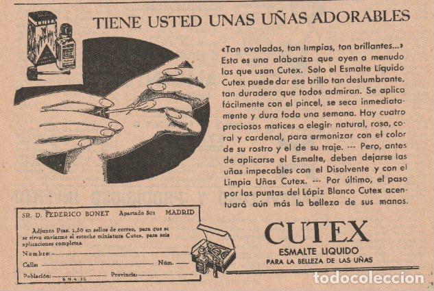 Coleccionismo de revistas y peri&oacute;dicos: Publicidad esmalte para las u&ntilde;as CUTEX - 1935