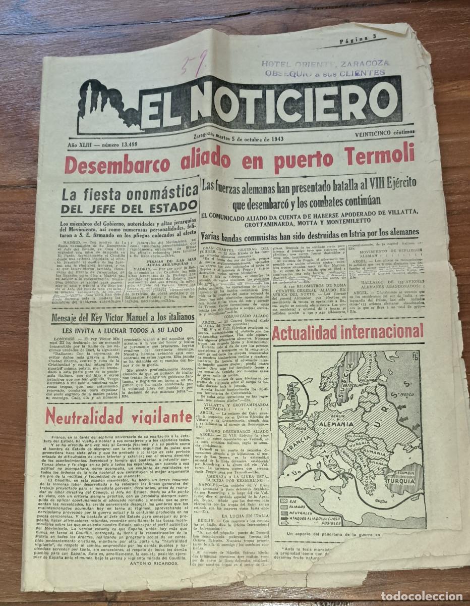 Coleccionismo de revistas y peri&oacute;dicos: EL NOTICIERO DE ZARAGOZA - 5 DE OCTUBRE DE 1943 - OBSEQUIO DEL HOTEL ORIENTE A SUS CLIENTES