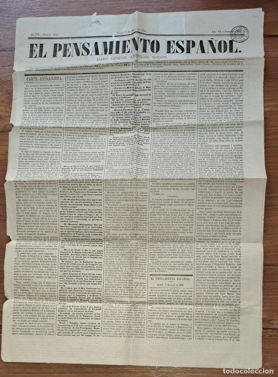 Coleccionismo de revistas y peri&oacute;dicos: EL PENSAMIENTO ESPA&Ntilde;OL - DIARIO CAT&Oacute;LICO, APOST&Oacute;LICO Y ROMANO - MADRID, LUNES 7 DE MAYO DE 1866