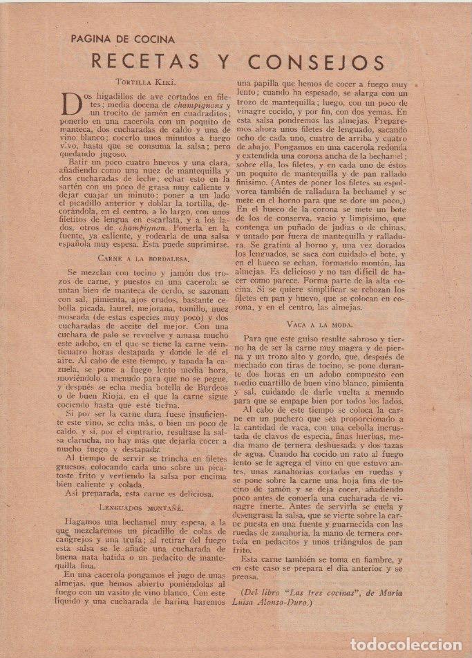 Coleccionismo de revistas y peri&oacute;dicos: * RECETAS DE COCINA * Tortilla Kik&iacute;, carne a la bordalesa .../ Mar&iacute;a Luisa Alonso-Duro - 1935