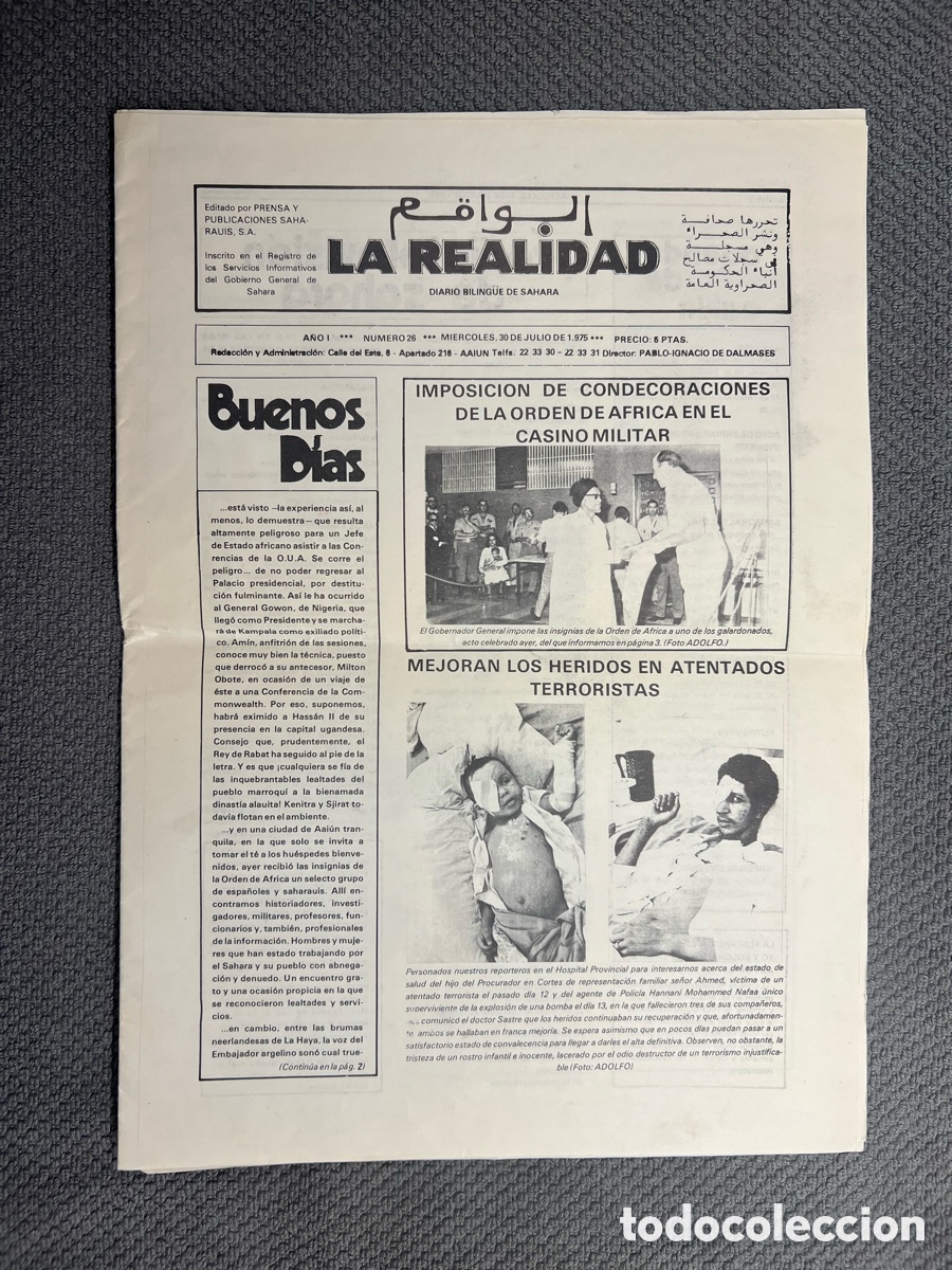 Coleccionismo de revistas y peri&oacute;dicos: SAHARA. LA REALIDAD, Diario Biling&uuml;e del S&aacute;hara Espa&ntilde;ol. A&ntilde;o I, No.26, Mi&eacute;rcoles 30 de Julio de 1975