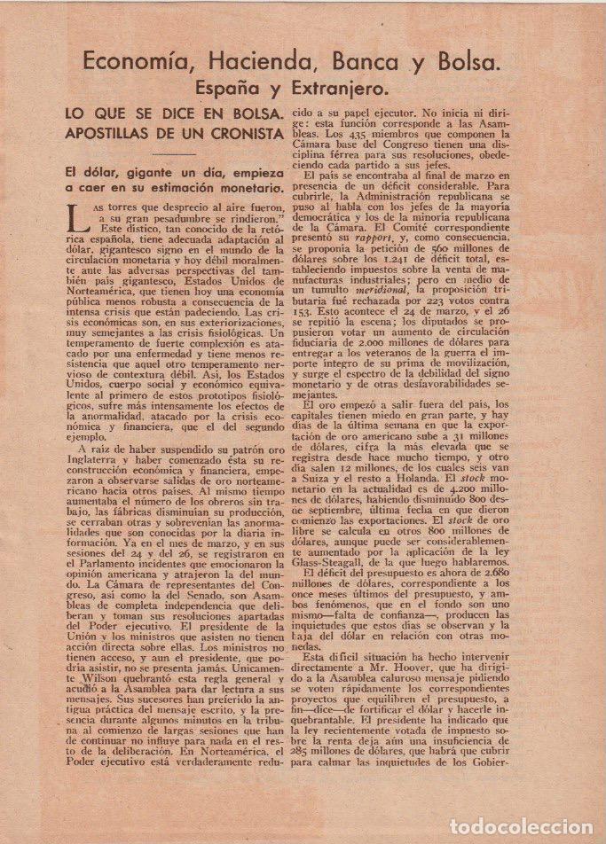 Coleccionismo de revistas y peri&oacute;dicos: Lo que se dice en Bolsa: el d&oacute;lar...; atesoramiento de dinero en Espa&ntilde;a.../ Villamanrique - 1935