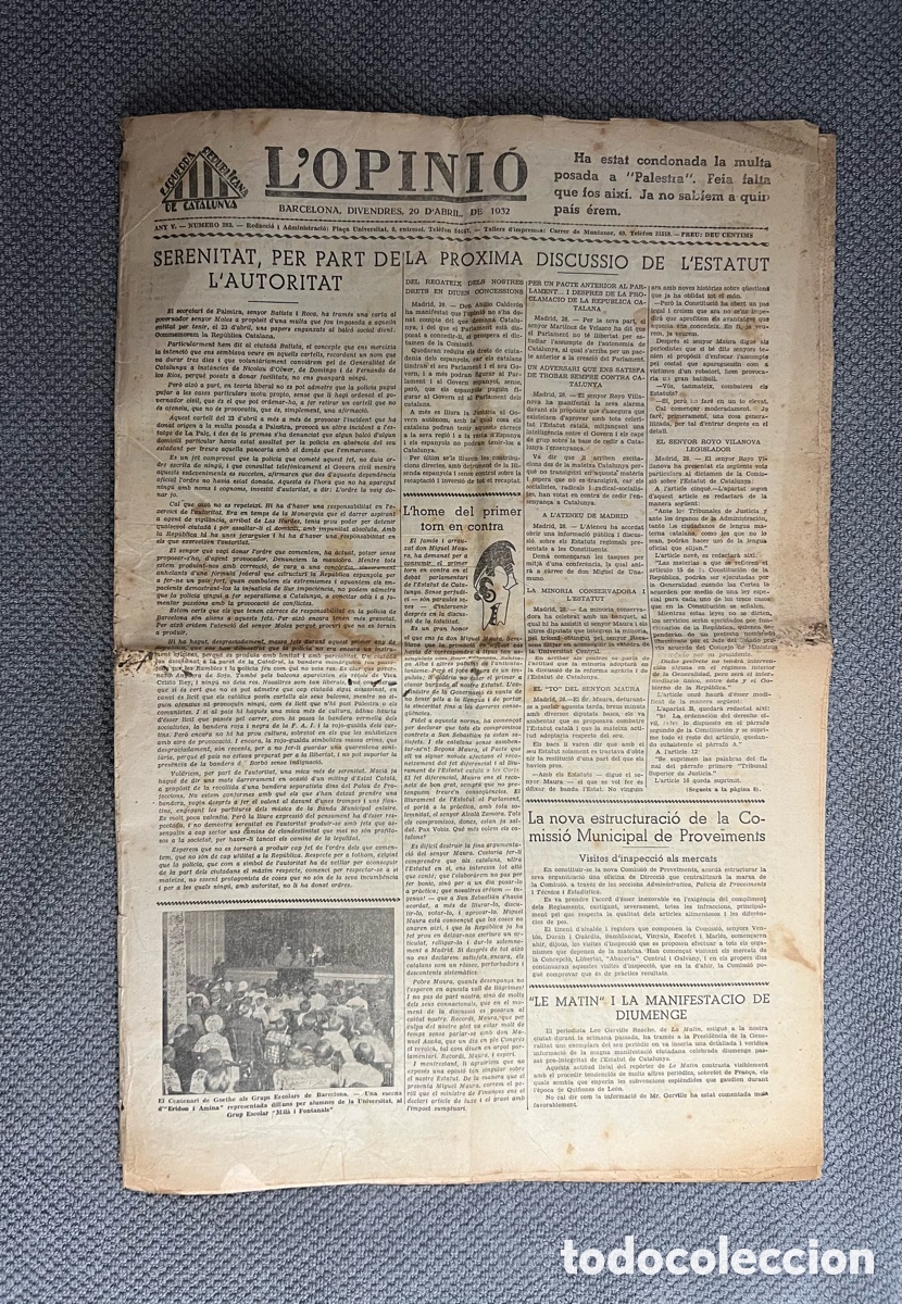 Collectionnisme de Revues et Journaux: L'OPINI&Oacute;. ESQUERRA REPUBLICANA DE CATALUNYA. Serenitat per part de la pr&oacute;xima Discussio de L&rsquo;Estatut