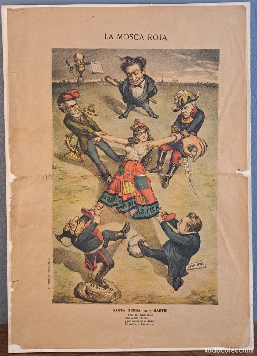 Coleccionismo de revistas y peri&oacute;dicos: P&aacute;gina central de la revista &ldquo;La Mosca Roja&rdquo; caricatura pol&iacute;tica, finales S. XIX