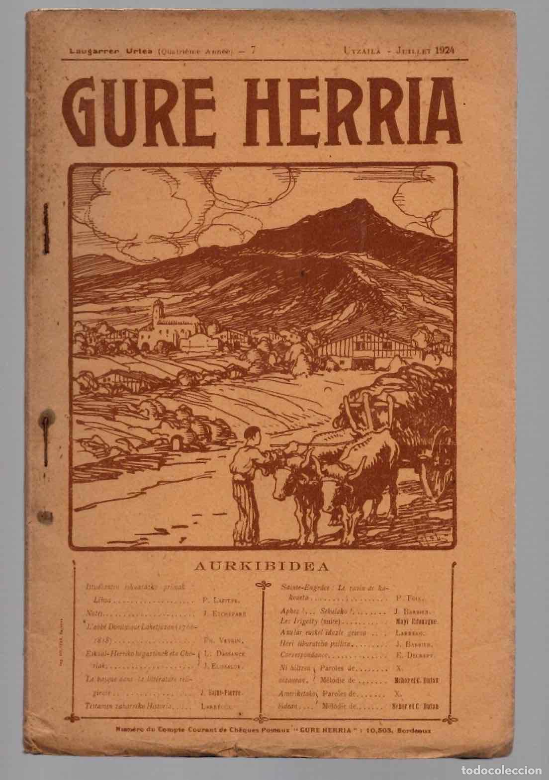 Coleccionismo de revistas y peri&oacute;dicos: REVISTA GURE HERRIA. N&ordm; 7, JULIO 1924. EDITADA EN BURDEOS. MUY RARA