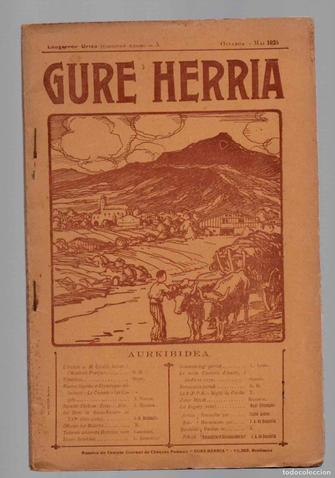 Coleccionismo de revistas y peri&oacute;dicos: REVISTA GURE HERRIA. N&ordm; 5, MAYO 1924. EDITADA EN BURDEOS. MUY RARA