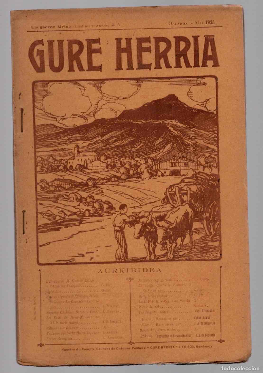 Coleccionismo de revistas y peri&oacute;dicos: REVISTA GURE HERRIA. N&ordm; 5, MAYO 1924. EDITADA EN BURDEOS. MUY RARA