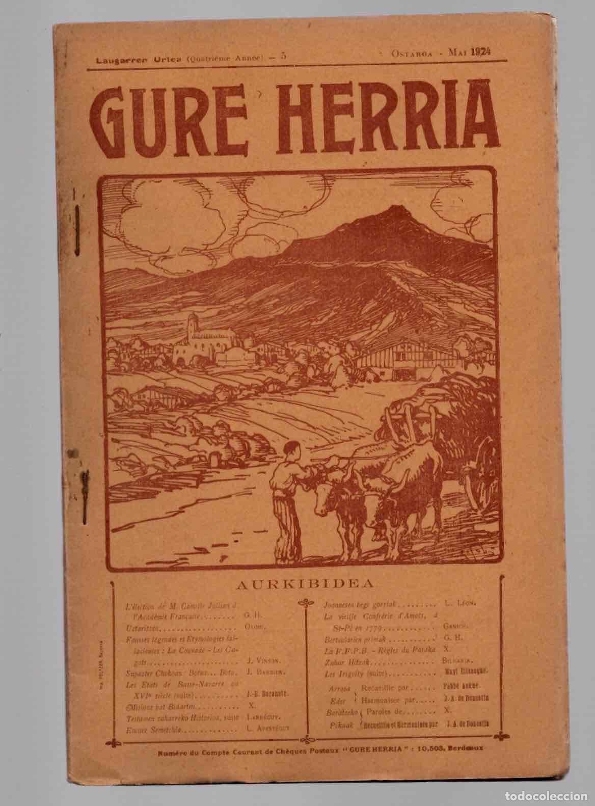 Coleccionismo de revistas y peri&oacute;dicos: REVISTA GURE HERRIA. N&ordm; 5, MAYO 1924. EDITADA EN BURDEOS. MUY RARA