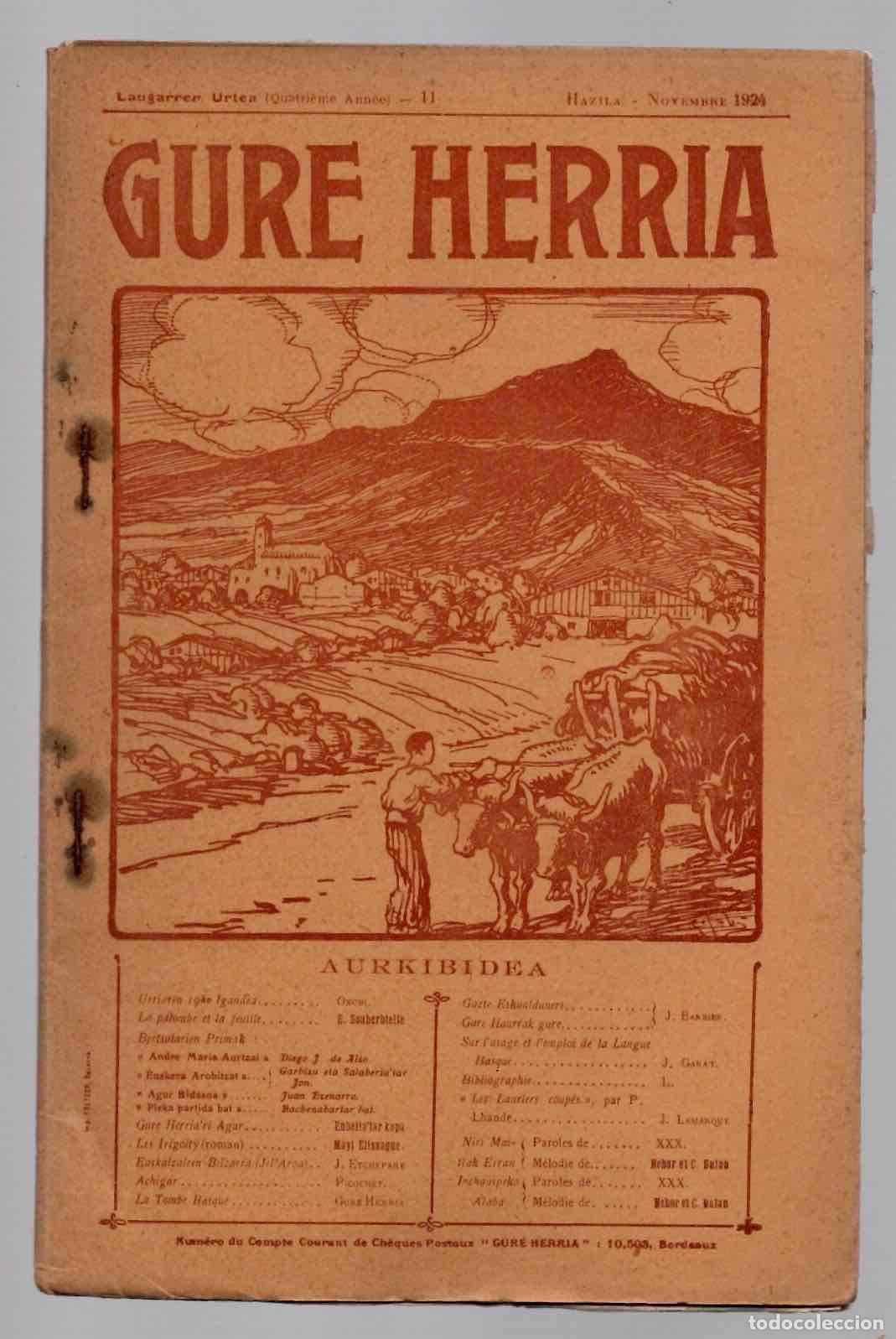 Coleccionismo de revistas y peri&oacute;dicos: REVISTA GURE HERRIA. N&ordm; 11, NOVIEMBRE 1924. EDITADA EN BURDEOS. MUY RARA