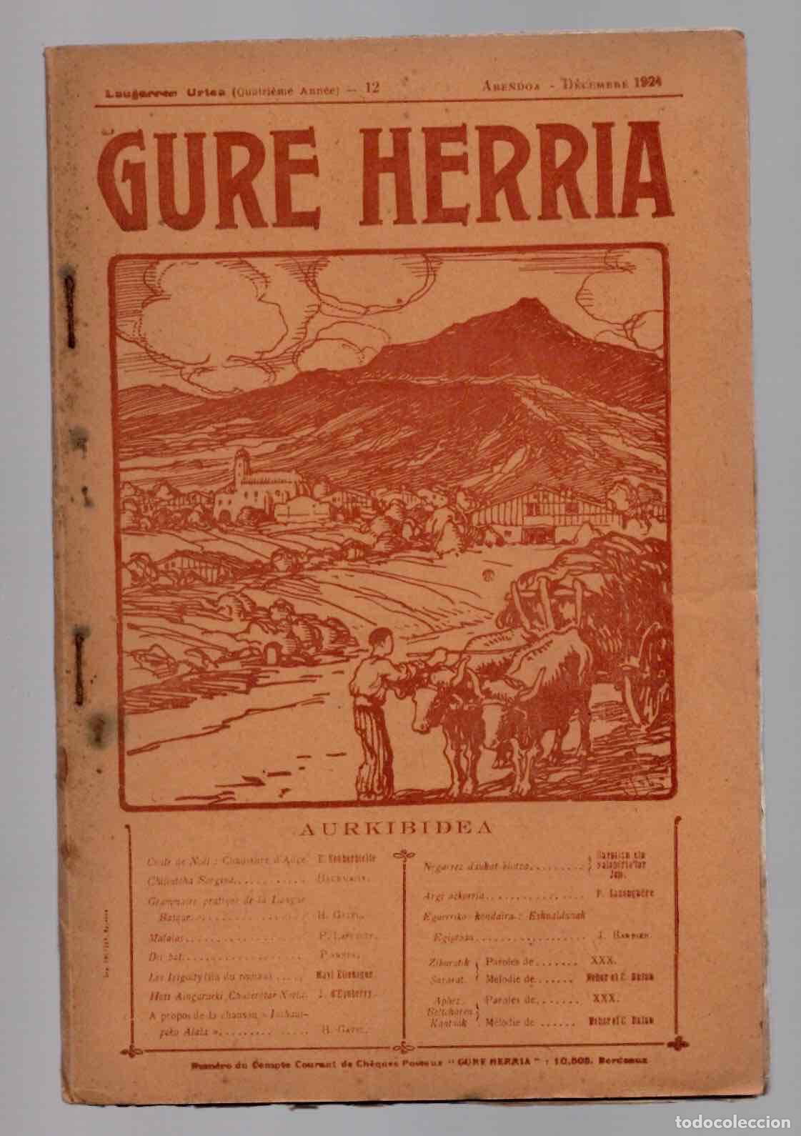 Coleccionismo de revistas y peri&oacute;dicos: REVISTA GURE HERRIA. N&ordm; 12, DICIEMBRE 1924. EDITADA EN BURDEOS. MUY RARA