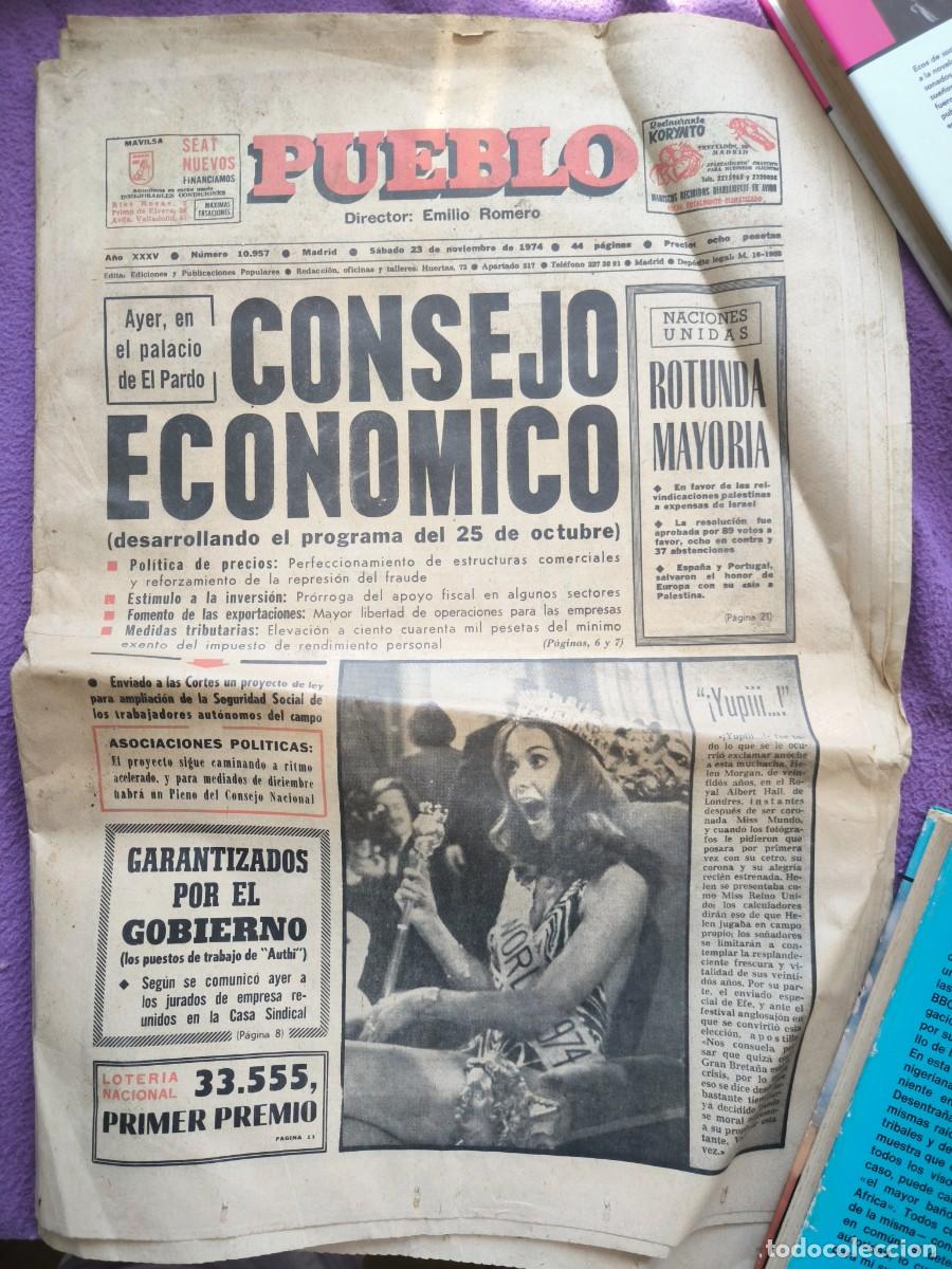Coleccionismo de revistas y peri&oacute;dicos: Peri&oacute;dico Pueblo 23 Noviembre 1974 Consejo Econ&oacute;mico ONU Palestina Miss Mundo Original
