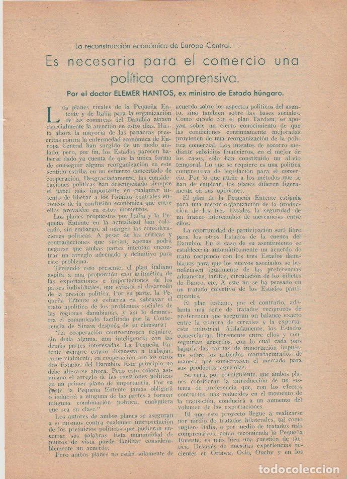 Coleccionismo de revistas y peri&oacute;dicos: La reconstrucci&oacute;n econ&oacute;mica de Europa Central.../ Elemer Hantos, ministro de Hungr&iacute;a - 1933