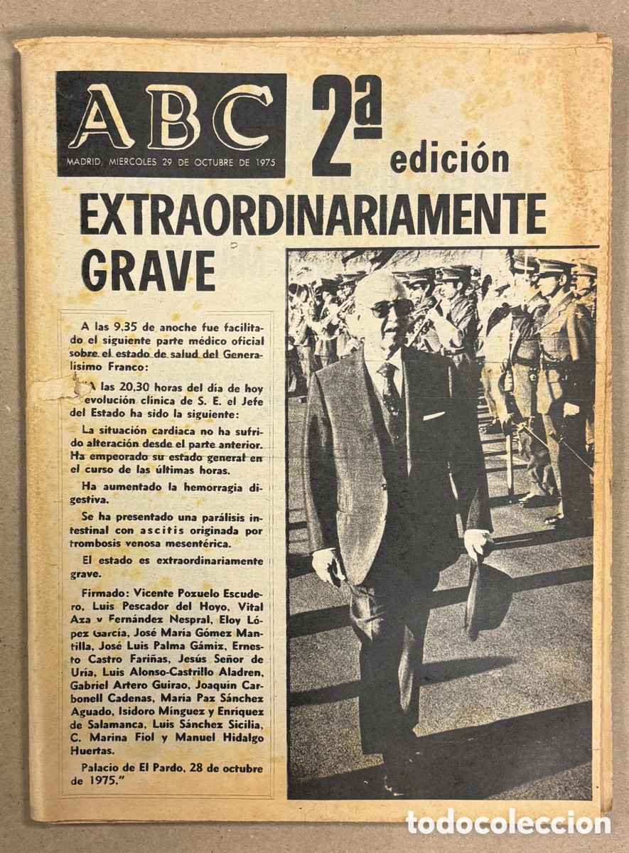 Coleccionismo de revistas y peri&oacute;dicos: ABC (29 DE OCTUBRE DE 1975). FRANCO EXTRAORDINARIAMENTE GRAVE. PERI&Oacute;DICO COMPLETO.
