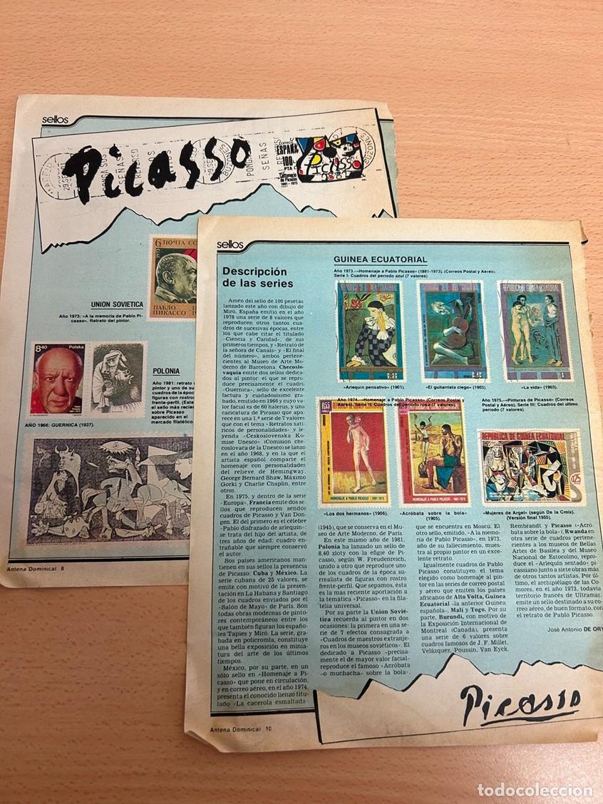 Coleccionismo de revistas y peri&oacute;dicos: Serie sellos dedicados a Picasso 3 paginas Revista Antena Dominical a&ntilde;os 80