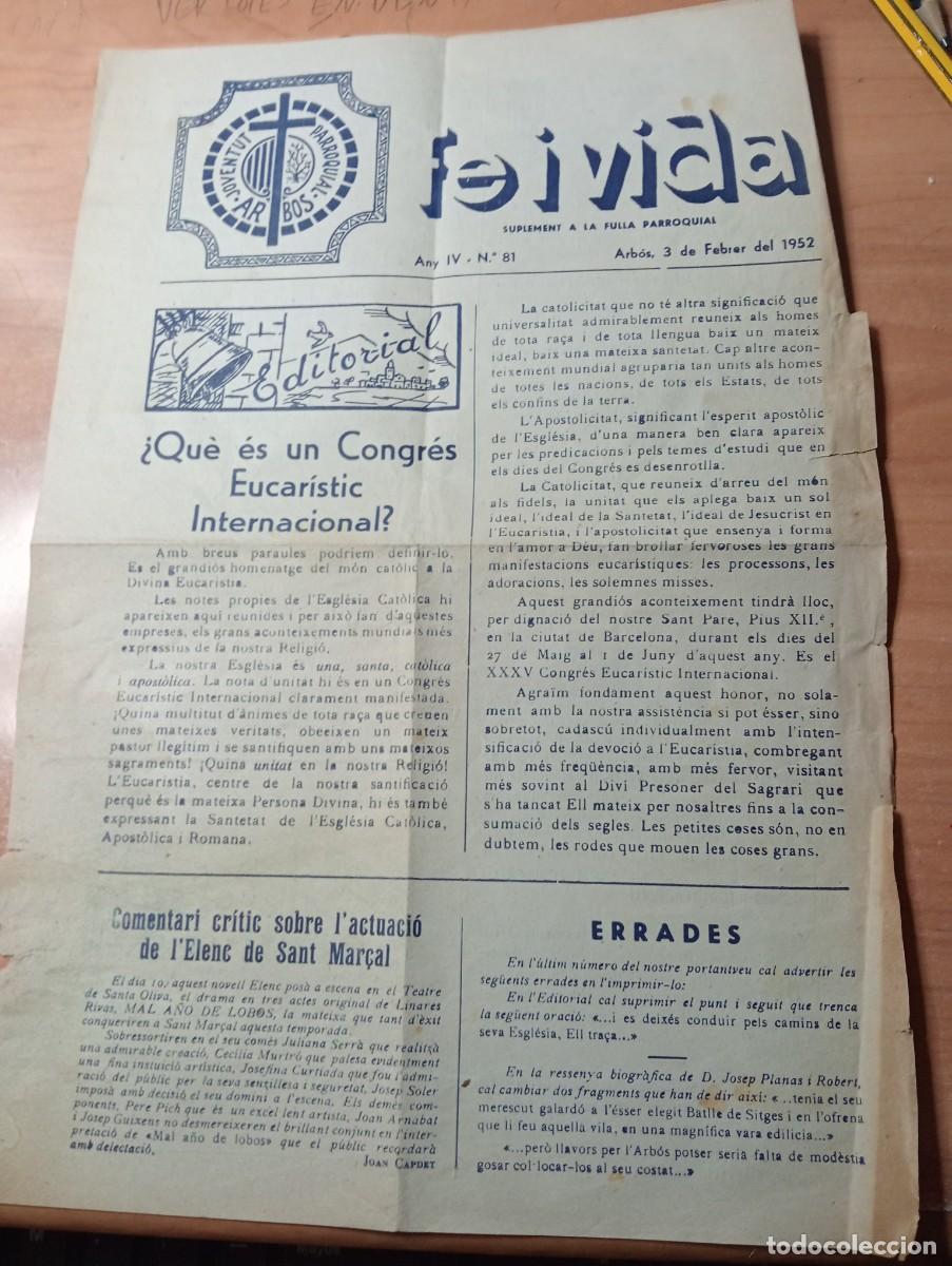 Coleccionismo de revistas y peri&oacute;dicos: FULL PARROQUIAL FE I VIDA DE L'ARBO&Ccedil; ARBO&Ccedil; ARBOS ANY 1952 ELENC DE SANT MAR&Ccedil;AL