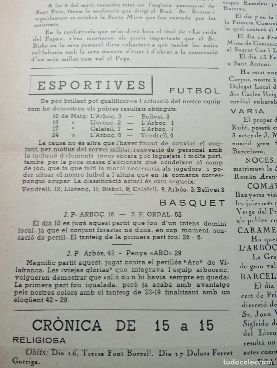 Coleccionismo de revistas y peri&oacute;dicos: FULL PARROQUIAL ANY 1953 L'ABO&Ccedil; ARBOS II CONCURS DE PESCA AL PANTA DE FOIX FUTBOL LLOREN&Ccedil; BELLVEI