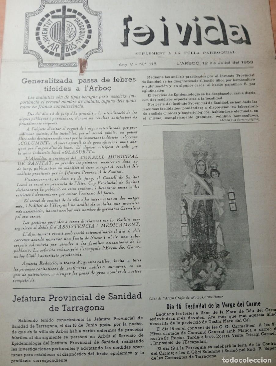 Coleccionismo de revistas y peri&oacute;dicos: FULL PARROQUIAL ANY 1953 L'ABO&Ccedil; ARBOS FEBRES TIFOIDEES TIFUS LA VERGE DEL CARME