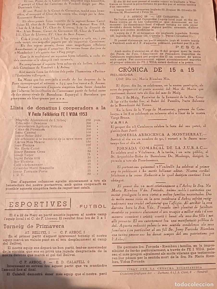 Coleccionismo de revistas y peri&oacute;dicos: FULL PARROQUIAL ANY 1953 L'ABO&Ccedil; ARBOS V FESTA FOLKLORICA FUTBOL BELLVEI CALAFELL BASQUET PENYA ARO