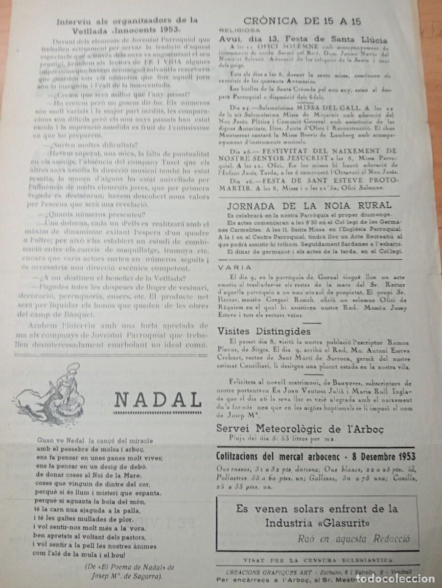 Coleccionismo de revistas y peri&oacute;dicos: FULL PARROQUIAL ANY 1953 L'ABO&Ccedil; ARBOS JOSEP MARIA DE SAGARRA SANTA LLUCIA LA GORNAL