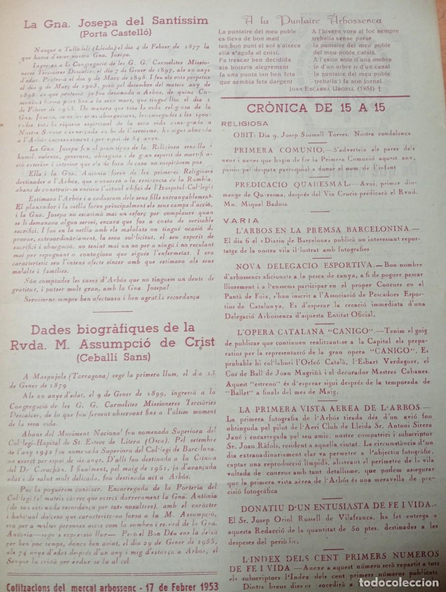 Collezionismo di Riviste e Giornali: FULL PARROQUIAL ANY 1953 L'ABO&Ccedil; ARBOS JOSEP DEL SANTISSIM TARADELL PRIMERA FOTOGRAFIA AEREA