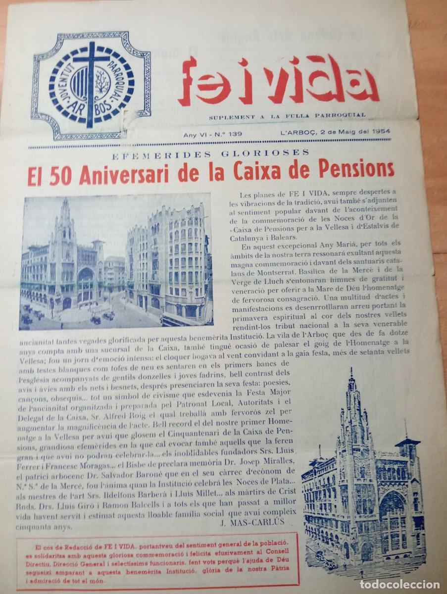 Coleccionismo de revistas y peri&oacute;dicos: FULL PARROQUIAL ANY 1954 DE L'ARBO&Ccedil; ARBOS 50 ANIVERSARI CAIXA DE PENSIONS MONTANYANS ORFEO FONT BEU