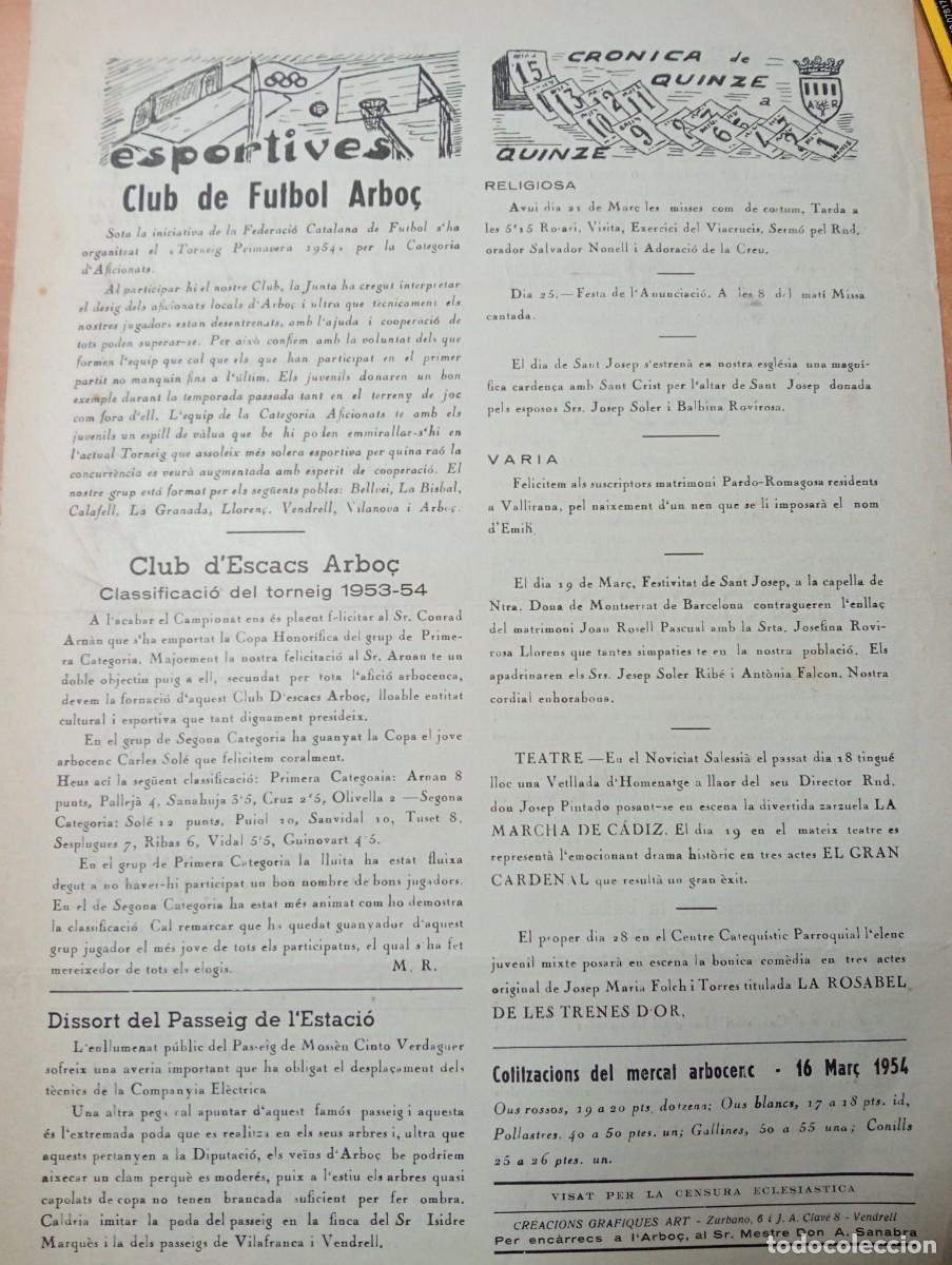 Coleccionismo de revistas y peri&oacute;dicos: FULL PARROQUIAL ANY 1954 DE L'ARBO&Ccedil; ARBOS FESTES DEL PRIORAT FUTBOL CLUB D'ESCACS