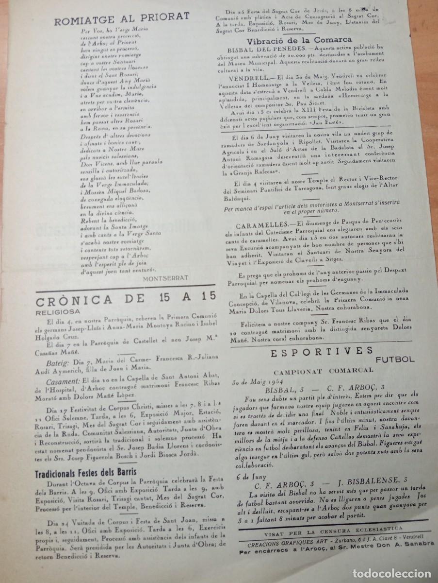 Coleccionismo de revistas y peri&oacute;dicos: FULL PARROQUIAL ANY 1954 DE L'ARBO&Ccedil; ARBOS FUTBOL LA BISBAL DEL PENEDES BISBALENSES