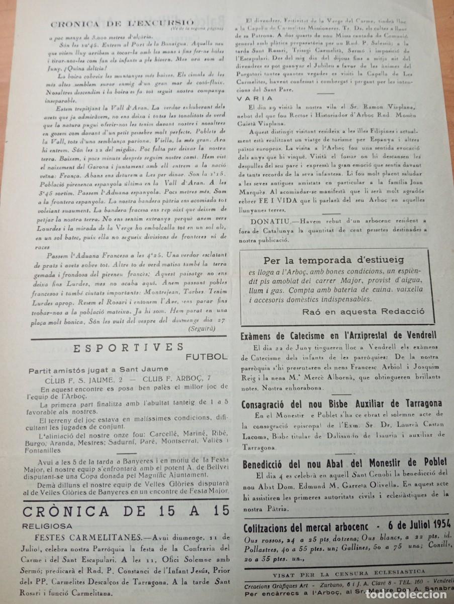 Coleccionismo de revistas y peri&oacute;dicos: FULL PARROQUIAL ANY 1954 DE L'ARBO&Ccedil; ARBOS LURDES DE CASTELLET FUTBOL SANT JAUME DELS DOMENYS