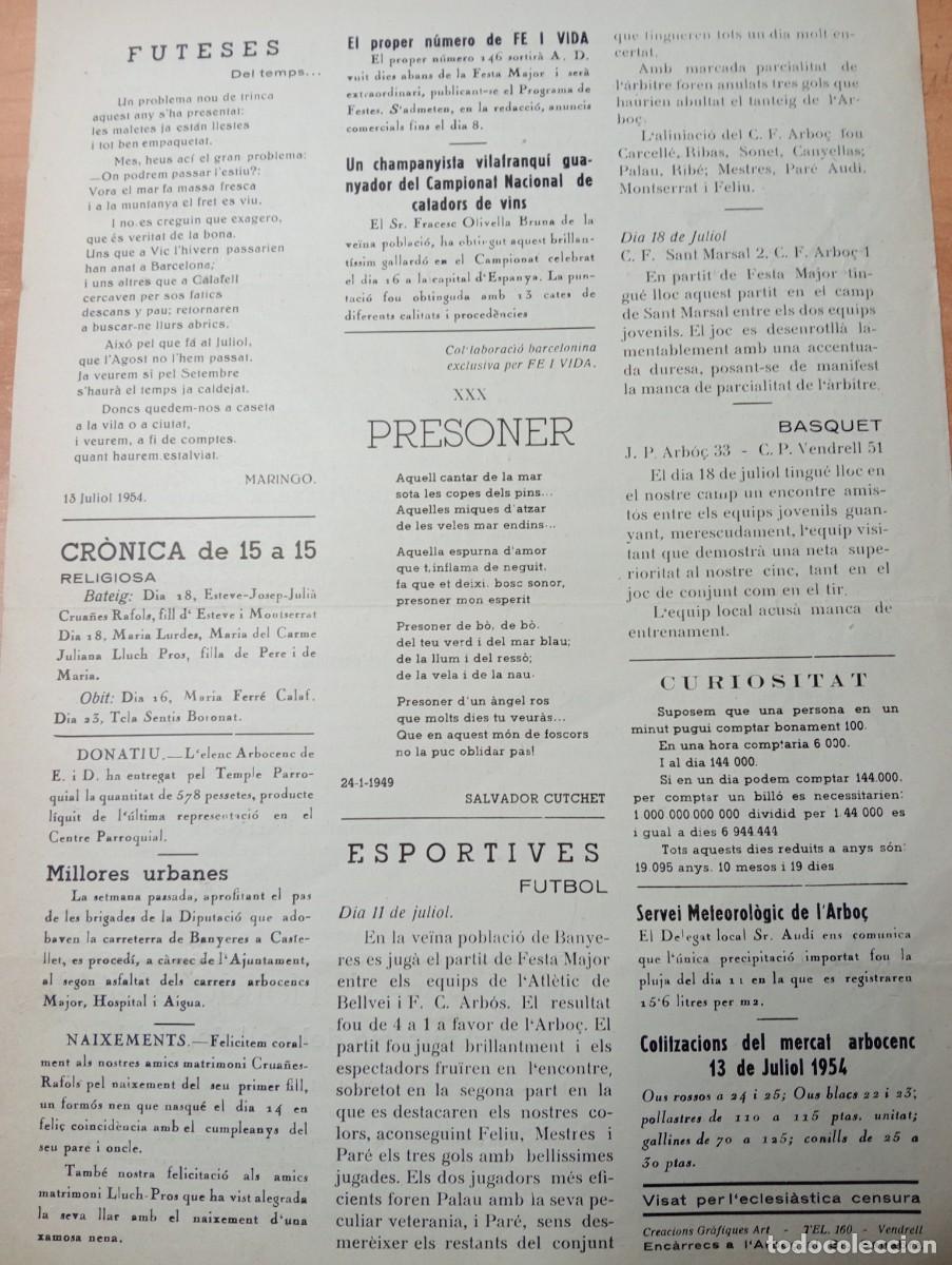 Coleccionismo de revistas y peri&oacute;dicos: FULL PARROQUIAL ANY 1954 DE L'ARBO&Ccedil; ARBOS BALL DE DIABLES BANYERES DEL PENEDES BELLVEI SANT MARSAL