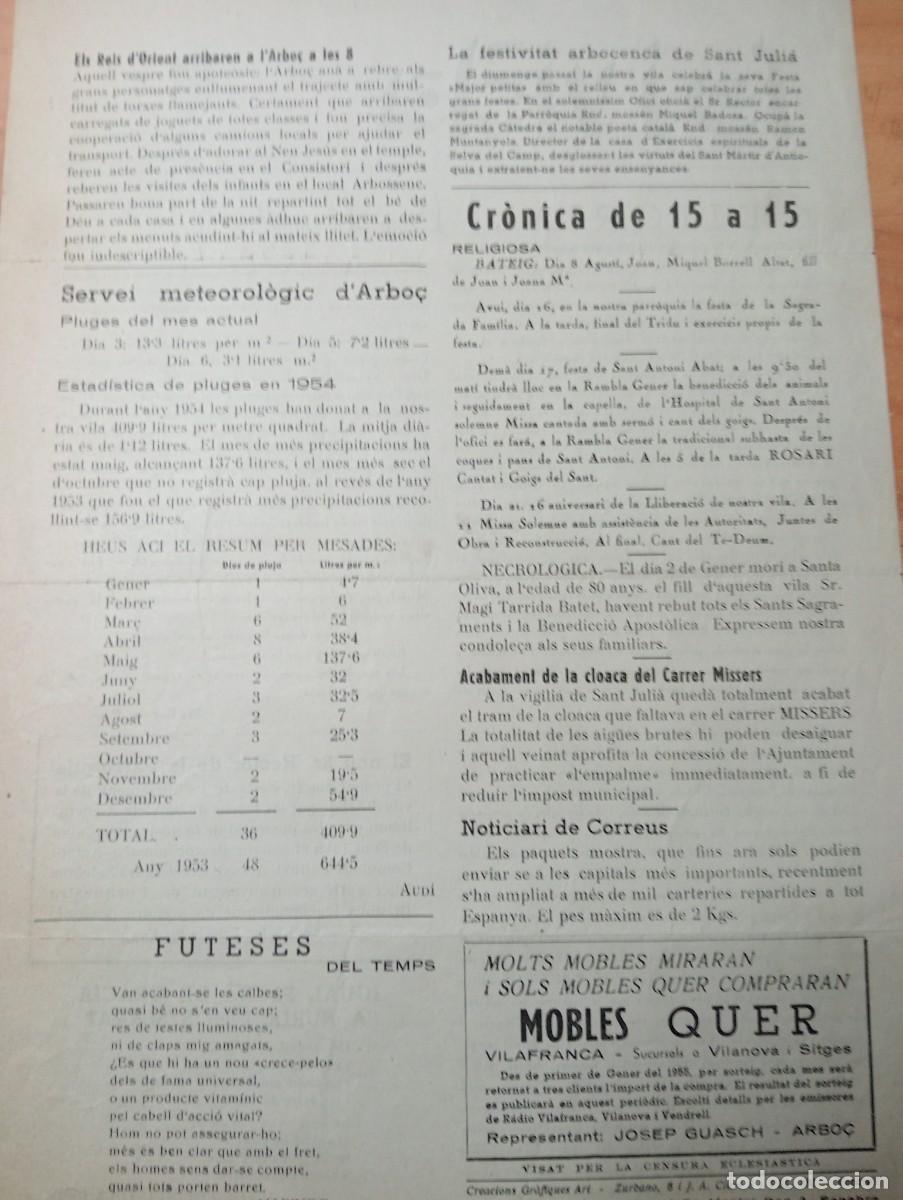 Coleccionismo de revistas y peri&oacute;dicos: FULL PARROQUIAL ANY 1955 DE L'ARBO&Ccedil; ARBOS ELS REIS DE L'ORIENT A L'ARBO&Ccedil; SERVE METEOROLOGIC