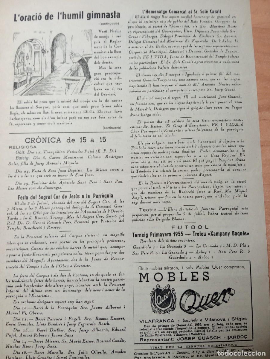 Coleccionismo de revistas y peri&oacute;dicos: FULL PARROQUIAL ANY 1955 DE L'ARBO&Ccedil; ARBOS HOMENATGE A SOLE CARALT FUTBOL LA GRANADA SANT PERE