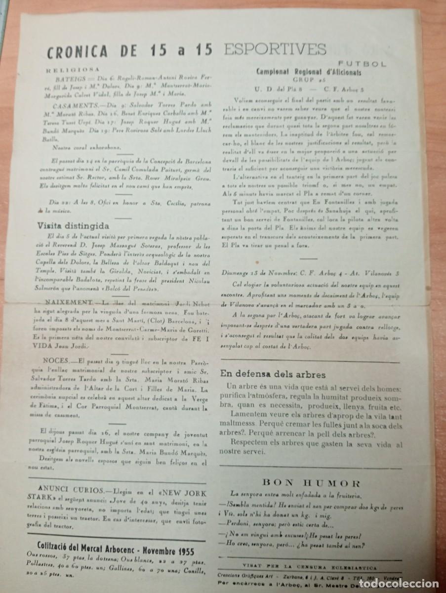 Coleccionismo de revistas y peri&oacute;dicos: FULL PARROQUIAL ANY 1955 DE L'ARBO&Ccedil; ARBOS LA GUERRA DEL FRANCES FUTBOL PLA VILANOVES