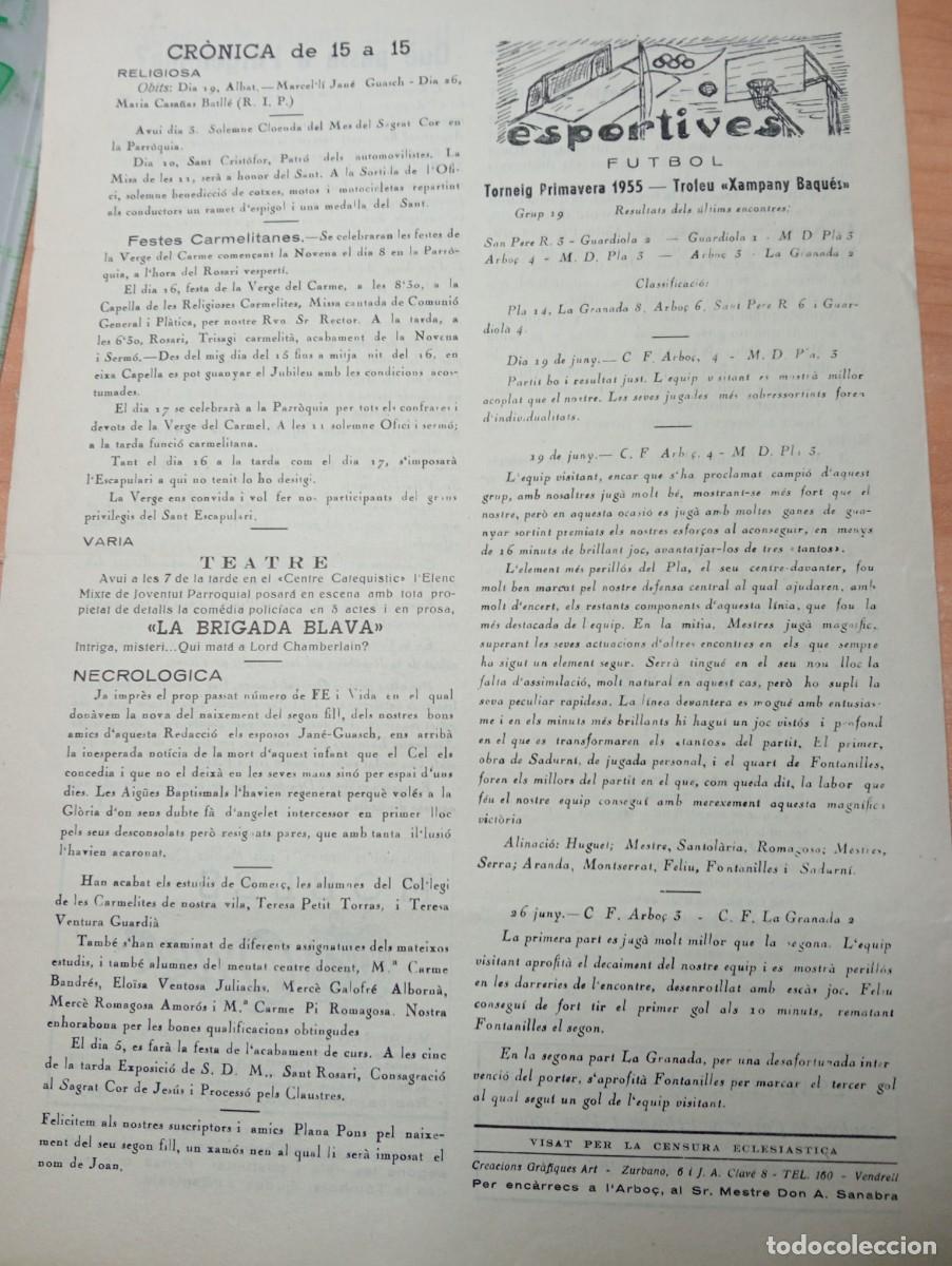 Coleccionismo de revistas y peri&oacute;dicos: FULL PARROQUIAL ANY 1955 DE L'ARBO&Ccedil; ARBOS FUTBOL LA GRANADA PLA GUARDIOLA SANT PERE DE RIBES