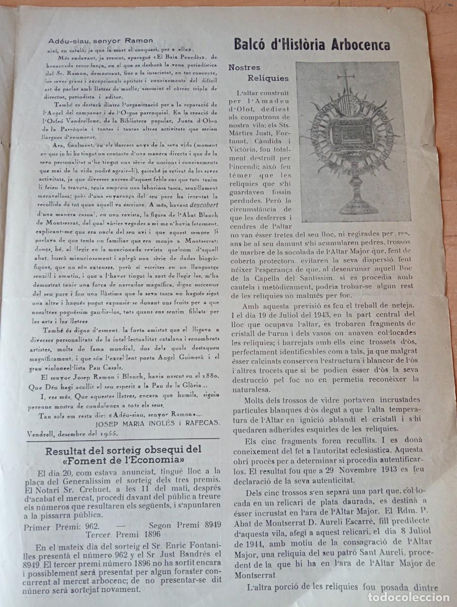 Coleccionismo de revistas y peri&oacute;dicos: FULL PARROQUIAL ANY 1956 DE L'ARBO&Ccedil; ARBOS LES RELIQUIES
