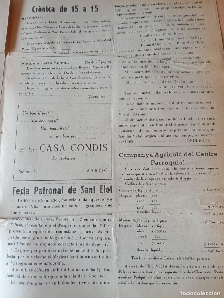 Coleccionismo de revistas y peri&oacute;dicos: FULL PARROQUIAL ANY 1962 DE L'ARBO&Ccedil; ARBOS SANT ELOI FESTA DELS ELOIS FUTBOL MONJOS PLA PENEDES