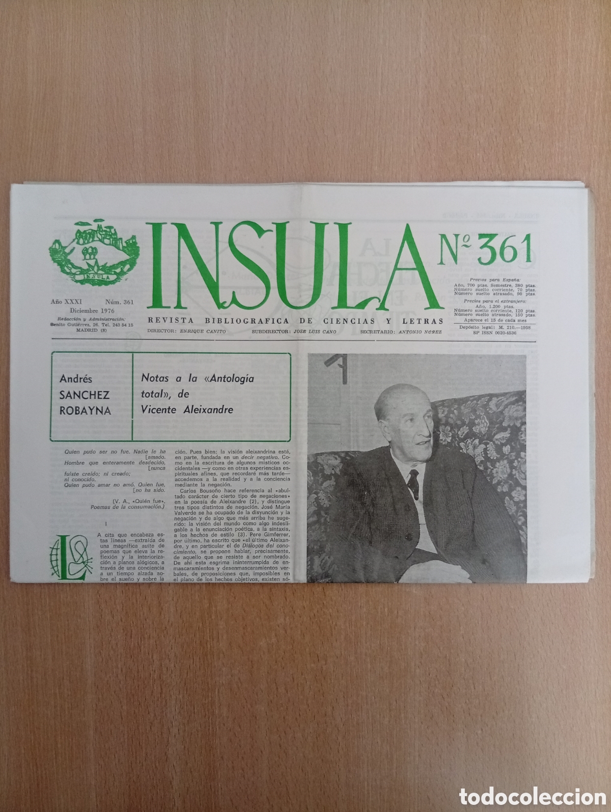 Coleccionismo de revistas y peri&oacute;dicos: INSULA. REVISTA BIBLIOGR&Aacute;FICA DE CIENCIAS Y LETRAS/ N&ordm; 361